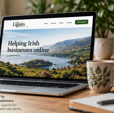 Laptop displaying a website design in a bright workspace with an Irish landscape on screen